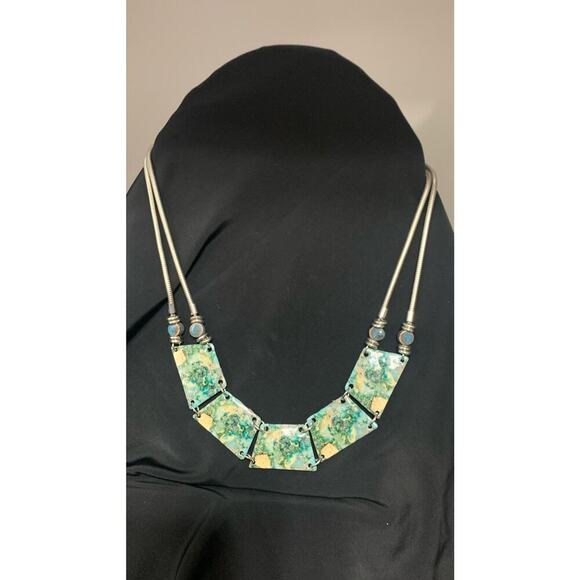 Blue Marble / Granite Look Statement Necklace Boho Silvertone - Picture 1 of 4